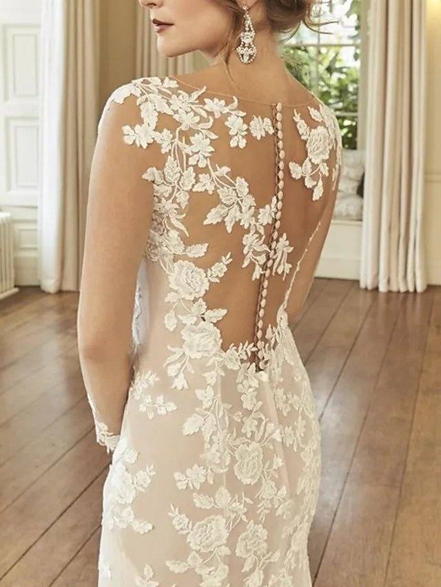 Mermaid / Trumpet Wedding Dresses Jewel Neck Court Train Lace Long Sleeve Romantic See-Through Illusion Sleeve with Embroidery - RongMoon