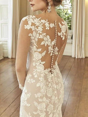 Mermaid / Trumpet Wedding Dresses Jewel Neck Court Train Lace Long Sleeve Romantic See-Through Illusion Sleeve with Embroidery - RongMoon