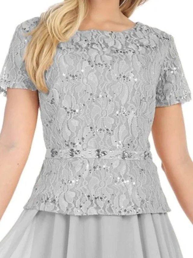 A-Line Mother of the Bride Dress Elegant Jewel Neck Tea Length Chiffon Lace Short Sleeve with Sequin - RongMoon
