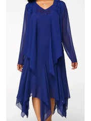 Two Piece Mother of the Bride Dress Elegant V Neck Knee Length Chiffon Lace Long Sleeve with Draping - RongMoon