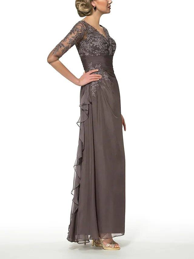 Sheath / Column Mother of the Bride Dress Elegant V Neck Floor Length Chiffon Lace Half Sleeve with Draping Appliques - RongMoon