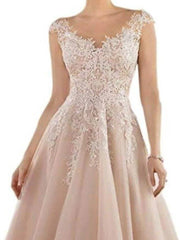 A-Line Mother of the Bride Dress Elegant V Neck Tea Length Lace Tulle Sleeveless with Pleats Appliques - RongMoon