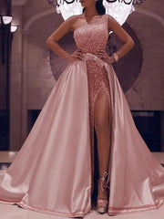 Ball Gown Sparkle Elegant Party Wear Prom Valentine's Day Dress One Shoulder Sleeveless Floor Length Satin with Bow(s) Sequin Split - RongMoon