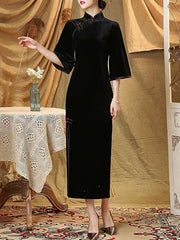 Sheath / Column Mother of the Bride Dress Elegant Vintage High Neck Ankle Length Velvet Half Sleeve with Split Front - RongMoon