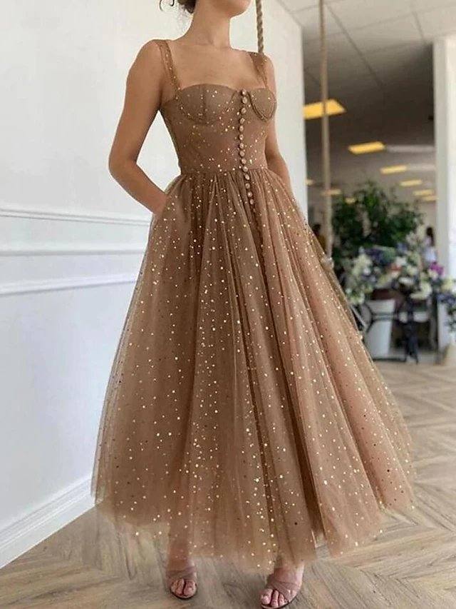 A-Line Elegant Prom Formal Evening Dress Spaghetti Strap Scoop Neck Sleeveless Ankle Length Lace with Pleats Ruched - RongMoon