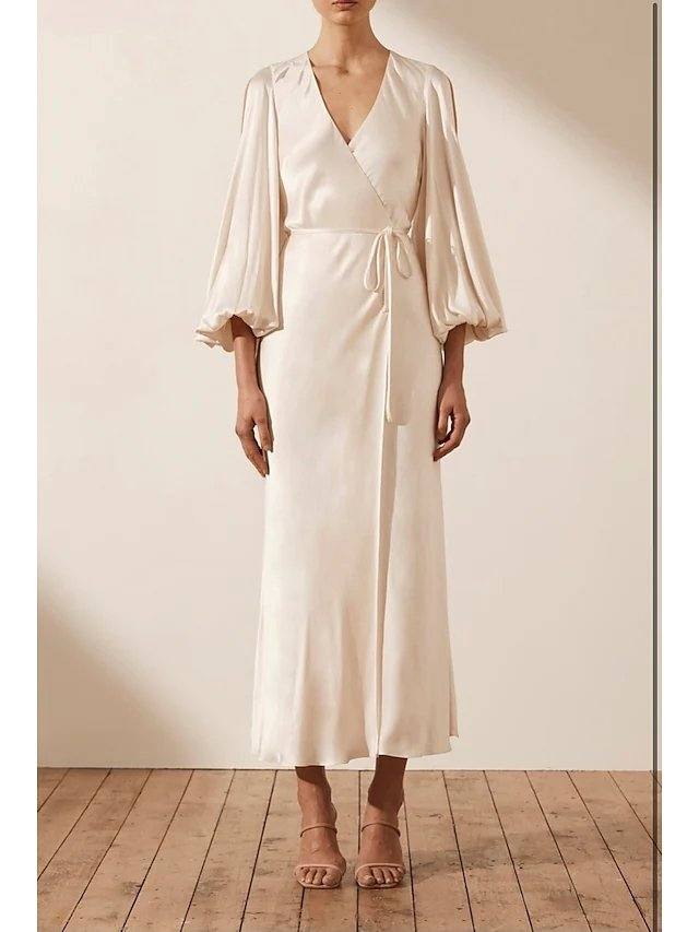 Sheath / Column Mother of the Bride Dress Simple Elegant V Neck Ankle Length Charmeuse 3/4 Length Sleeve with Bow(s) - RongMoon