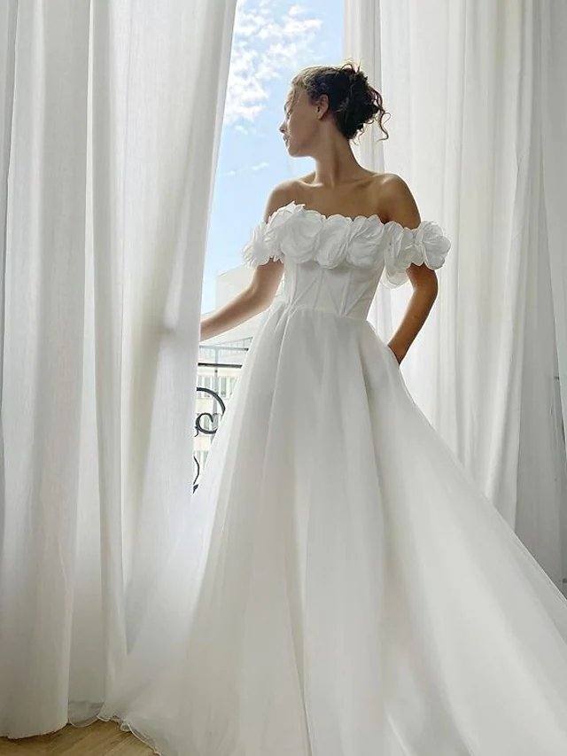 A-Line Elegant Floral Engagement Prom Dress Off Shoulder Sleeveless Sweep / Brush Train Organza with Sleek - RongMoon