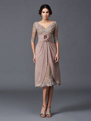 A-Line/Princess V-neck Hand-Made Flower 1/2 Sleeves Short Lace Mother of the Bride Dresses - RongMoon