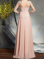 A-Line Mother of the Bride Dress Elegant Jewel Neck Floor Length Chiffon Lace Half Sleeve with Pleats Appliques - RongMoon