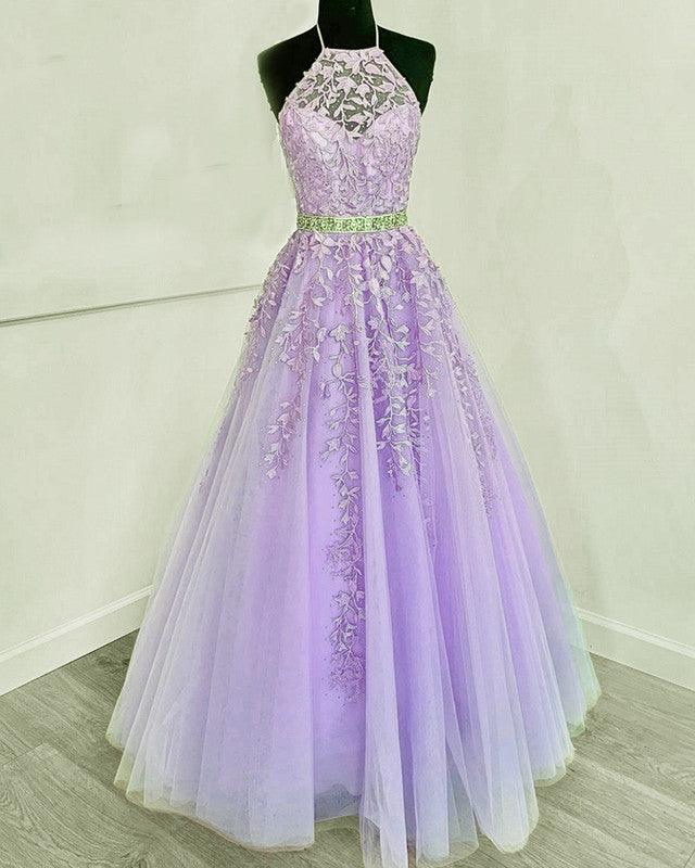 Halter Prom Dresses Tulle Ball Gown Appliques - RongMoon