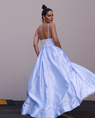 Light Blue Satin Prom Dresses V-neck Spaghetti Straps