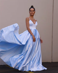 Light Blue Satin Prom Dresses V-neck Spaghetti Straps