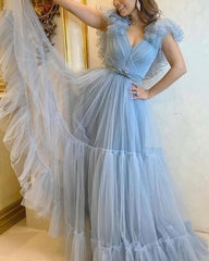 80s Inspired Tulle Prom Dresses V Neck Ruffles Sleeves