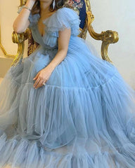 80s Inspired Tulle Prom Dresses V Neck Ruffles Sleeves