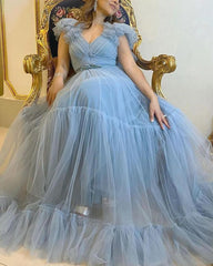 80s Inspired Tulle Prom Dresses V Neck Ruffles Sleeves