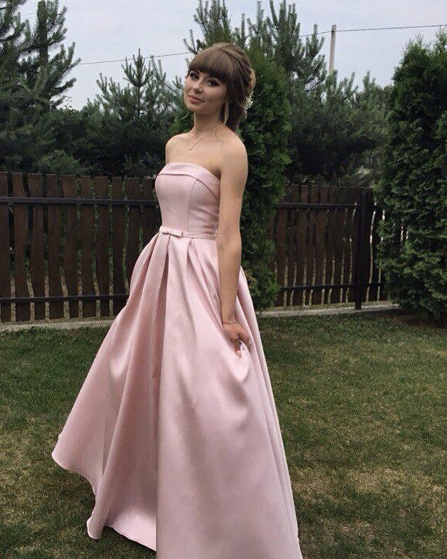 Long Strapless Bow Sashes Satin Formal Dresses