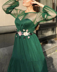 Sheer Long Sleeves Tulle Formal Dresses With 3D Flowers