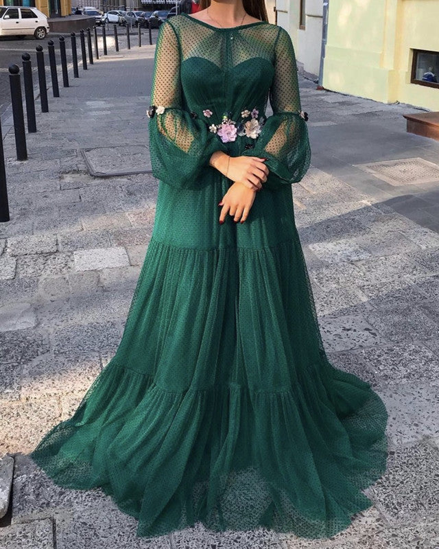 Sheer Long Sleeves Tulle Formal Dresses With 3D Flowers