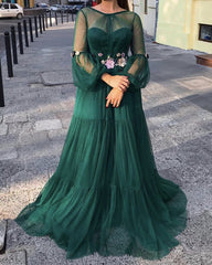 Sheer Long Sleeves Tulle Formal Dresses With 3D Flowers
