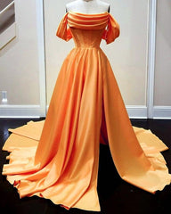 Long Satin Corset Prom Dresses Off The Shoulder Side Split - RongMoon