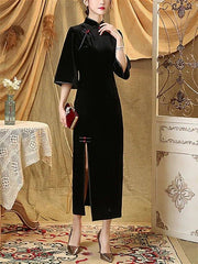 Sheath / Column Mother of the Bride Dress Elegant Vintage High Neck Ankle Length Velvet Half Sleeve with Split Front - RongMoon