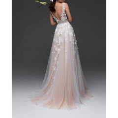 A-Line Wedding Dresses V Neck Floor Length Lace Tulle Sleeveless Country with Appliques - RongMoon