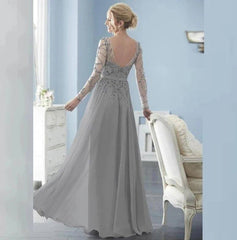Silver Mother Of The Bride Dresses A-line Long Sleeves Chiffon Beaded Backless Plus Size Long Groom Mother Dresses Wedding - RongMoon