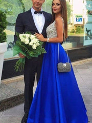 Royal Blue Robe De Soiree A-line Deep V-neck Tulle Beaded Crystals Sexy Long Party Prom Dresses Prom Gown Evening Dresses - RongMoon