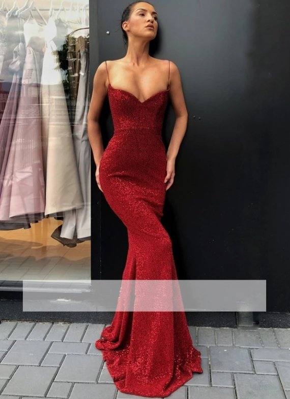 Red Prom Dresses Mermaid V-neck Sparkle Sequins Long Women Prom Gown Evening Dresses Evening Gown Robe De Soiree - RongMoon