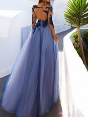 A-Line Scoop Long Sleeves Floor-Length With Applique Tulle Dresses - RongMoon