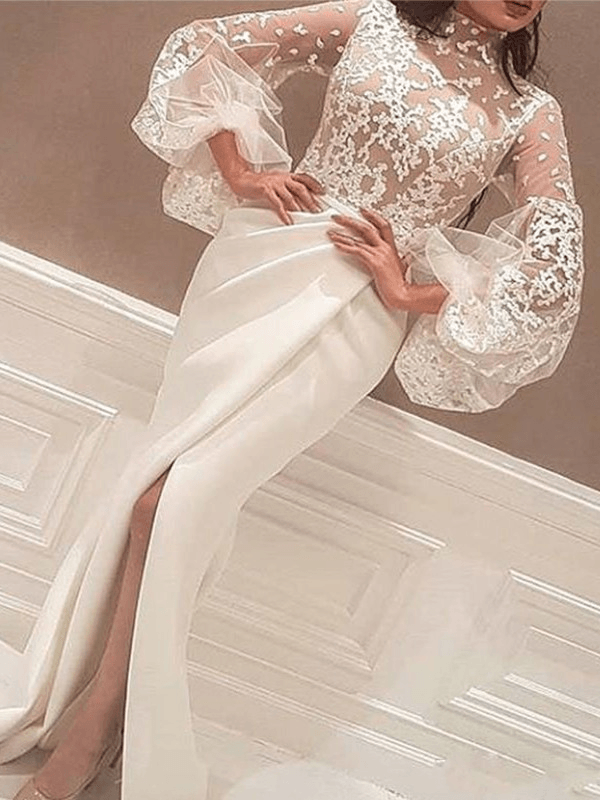 Trumpet/Mermaid Long Sleeves High Neck Sweep/Brush Train Lace Stretch Crepe Dresses - RongMoon