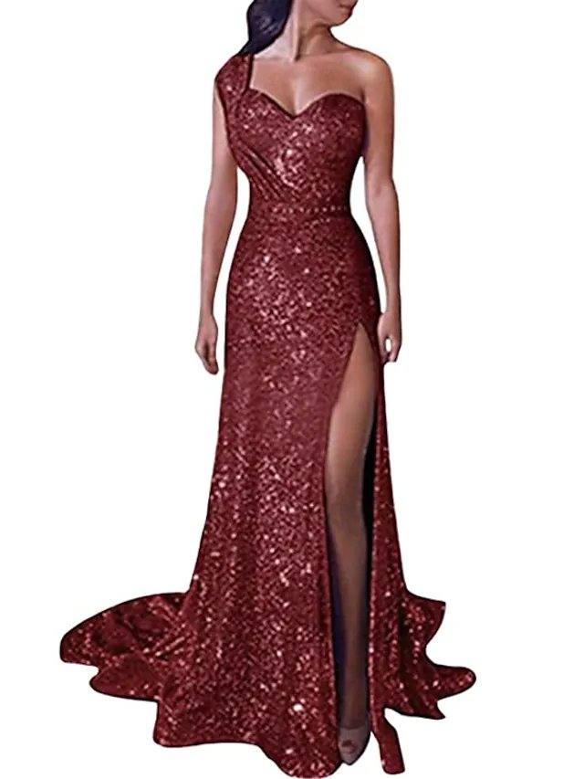 Mermaid / Trumpet Sparkle Sexy Engagement Formal Evening Dress One Shoulder Sleeveless Court Train Sequined with Sequin Split - RongMoon