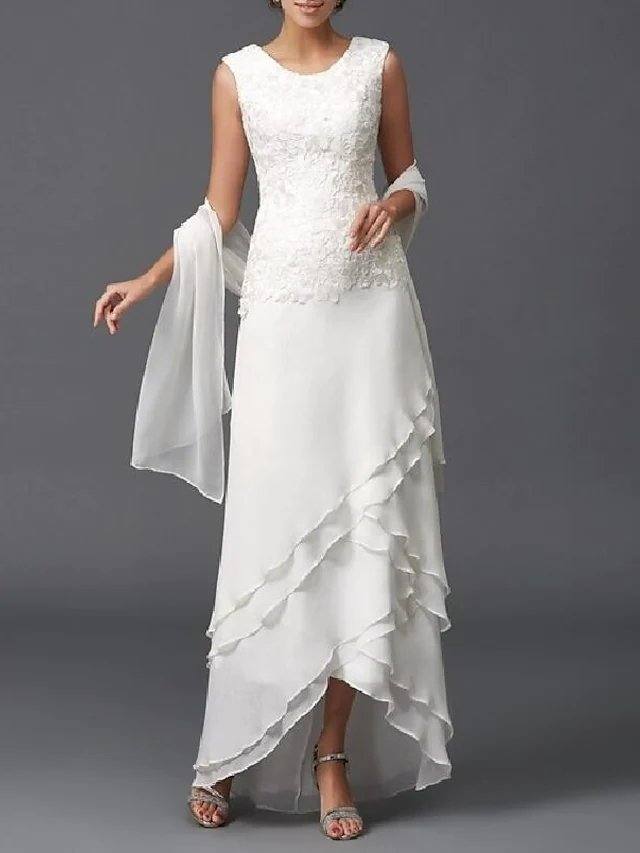 A-Line Mother of the Bride Dress Wrap Included Jewel Neck Floor Length Chiffon Sleeveless with Lace Tier - RongMoon