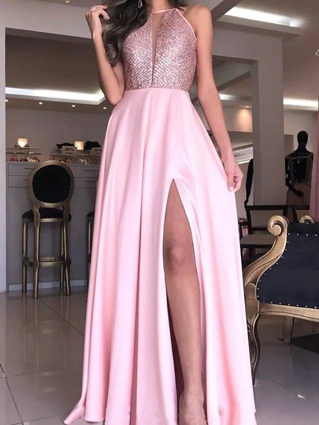 A-Line Glittering Sexy Wedding Guest Prom Dress Halter Neck Sleeveless Floor Length Charmeuse with Sequin Split - RongMoon