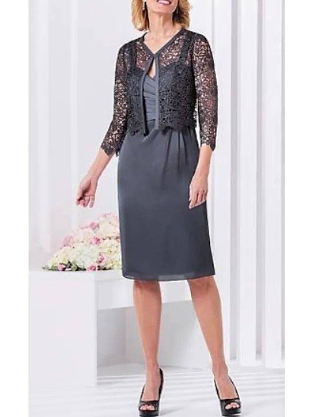 Two Piece Mother of the Bride Dress Plus Size Sweetheart Neckline Knee Length Lace Charmeuse 3/4 Length Sleeve with Lace Appliques - RongMoon