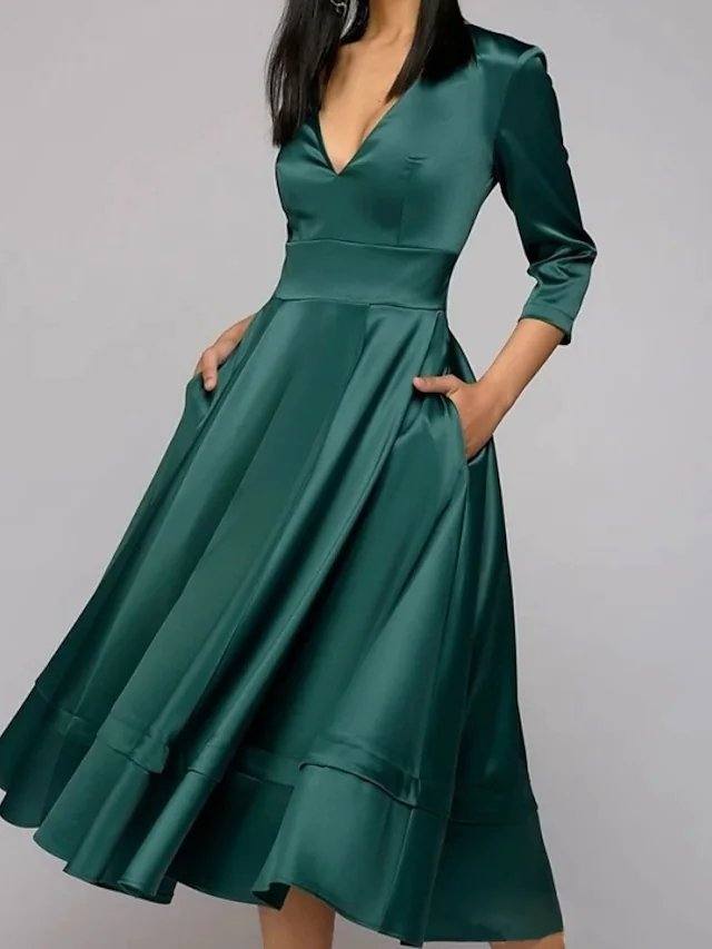 A-Line Mother of the Bride Dress Elegant V Neck Tea Length Satin 3/4 Length Sleeve with Pleats - RongMoon