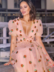 A-Line/Princess Tulle Ruffles V-neck Short Sleeves Floor-Length Dresses - RongMoon