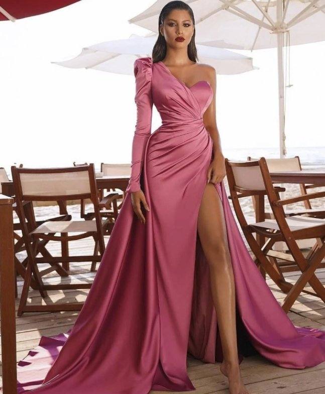 Sexy Prom Dresses A-line One-shoulder Long Sleeves Slit Dubai Saudi Arabic Long Robe De Soiree Prom Gown Evening Dresses - RongMoon