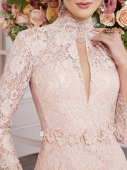 Sheath / Column Mother of the Bride Dress Plus Size High Neck Knee Length Lace 3/4 Length Sleeve with Appliques - RongMoon
