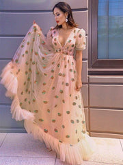 A-Line/Princess Tulle Ruffles V-neck Short Sleeves Floor-Length Dresses - RongMoon