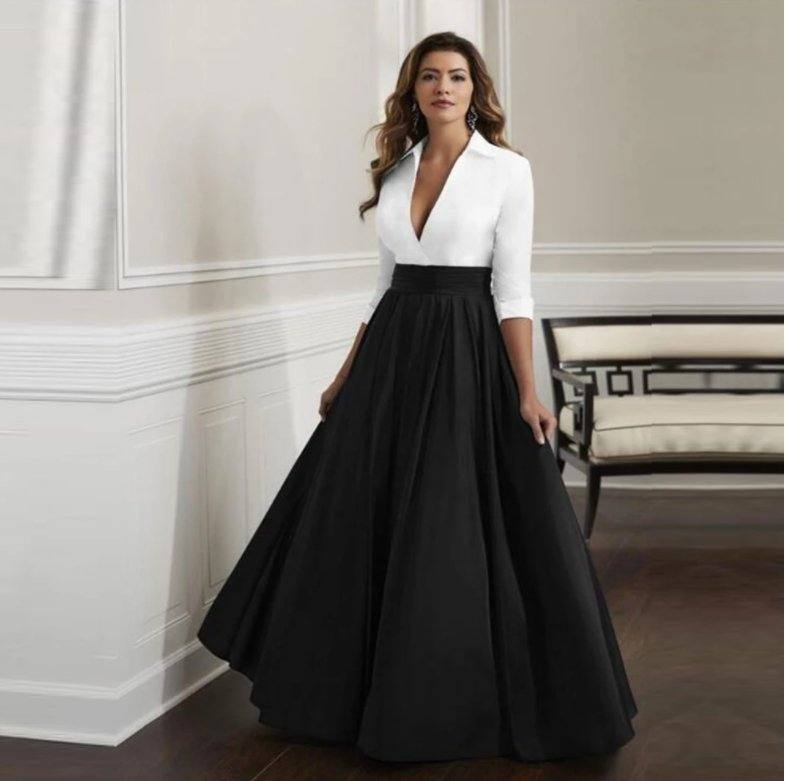 Black White Mother Of The Bride Dresses A-line V-neck 3/4 Sleeves Satin Plus Size Long Groom Mother Dresses For Weddings - RongMoon