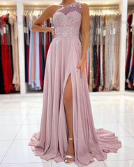 Mauve Chiffon One Shoulder Appliques Dress