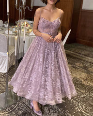 Mauve Lace Midi Corset Prom Dresses Cottagecore