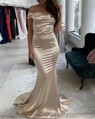 Mermaid Champagne Satin Bridesmaid Dresses Off Shoulder