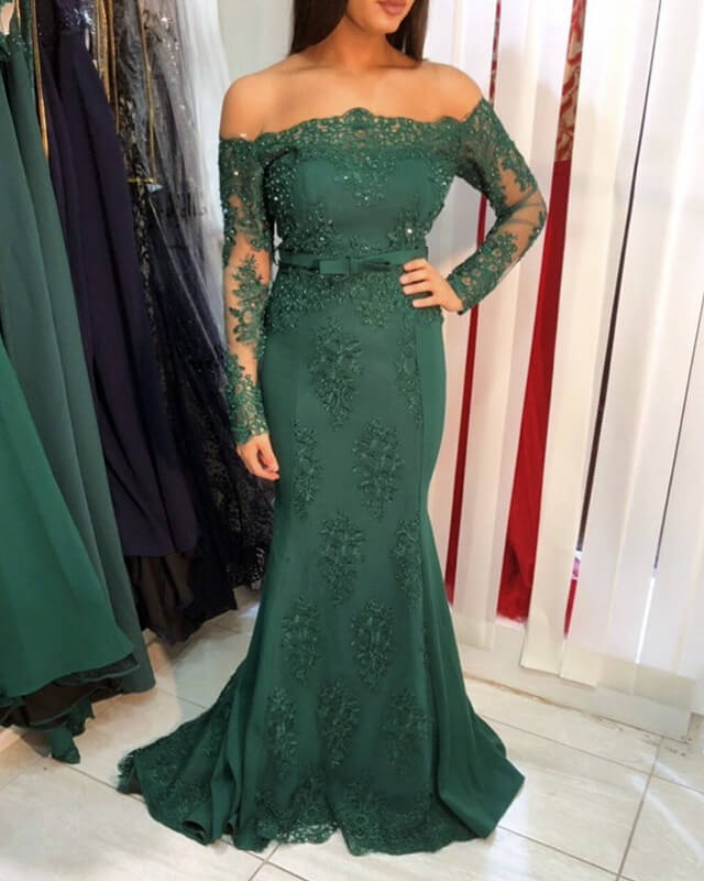 Green Mermaid Long Sleeve Applique Dresses