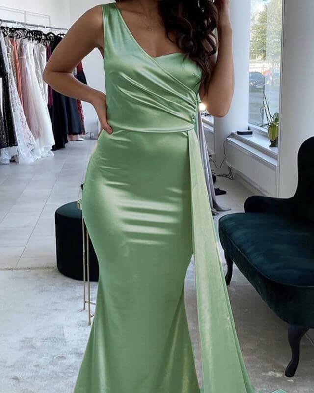 Mermaid Sage Green Dresses One Shoulder - RongMoon