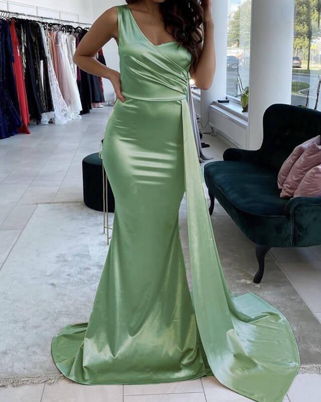 Mermaid Sage Green Dresses One Shoulder - RongMoon