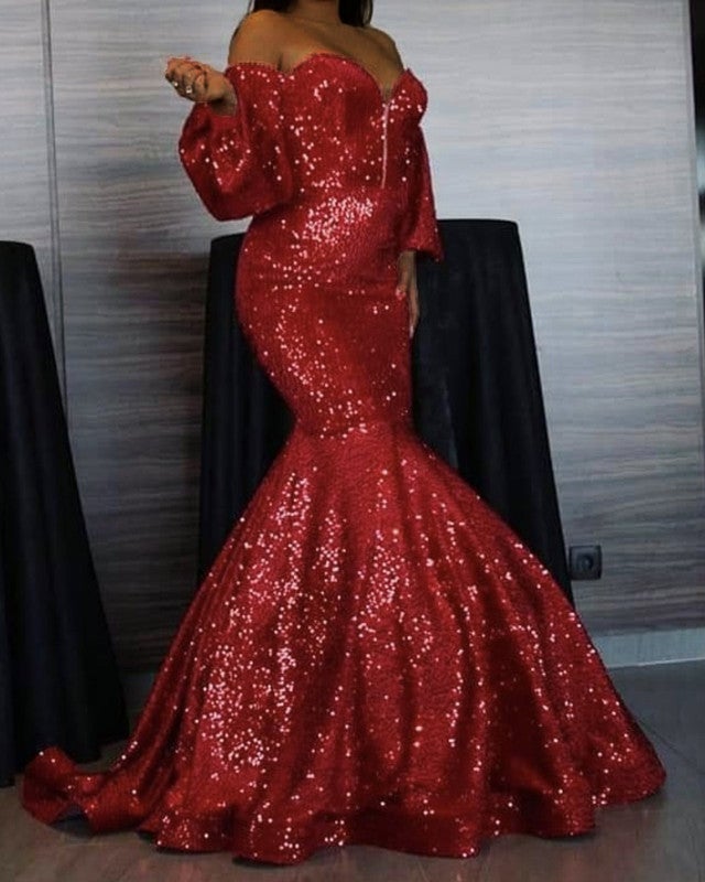 Mermaid Sequin Puffy Sleeves Prom Dresses