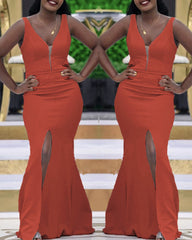 Simple Mermaid Plunge Neck Dresses With Slit
