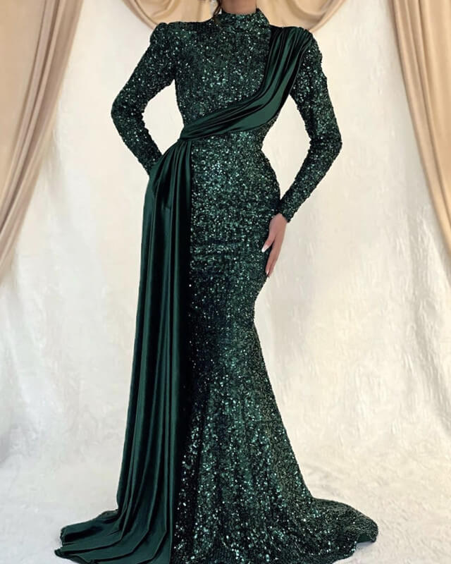 Modest Green Sequin Long Sleeve Mermaid Dress